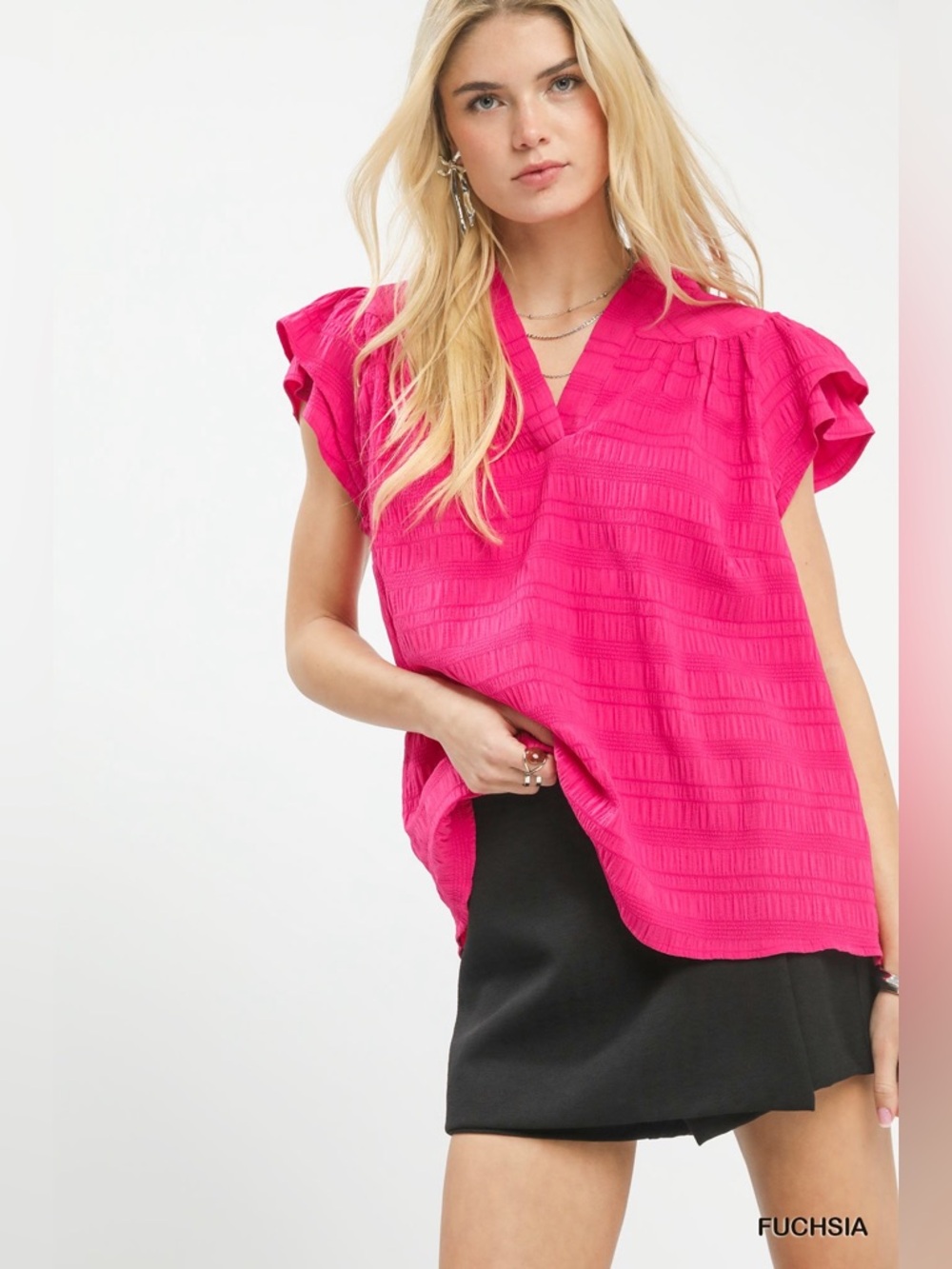 Umgee Textured Flutter Sleeve Split Neck Top